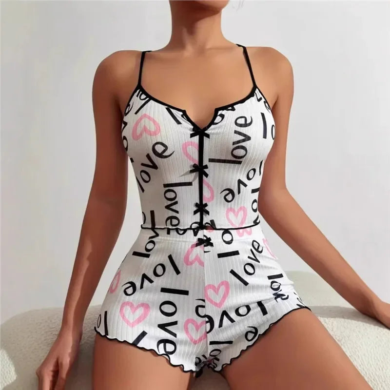 New Hot Sale Of The Season Heart Print Color Block Sleepwear Set with Front Slit Strap Design Comfortable Spandex Nightgown Wome