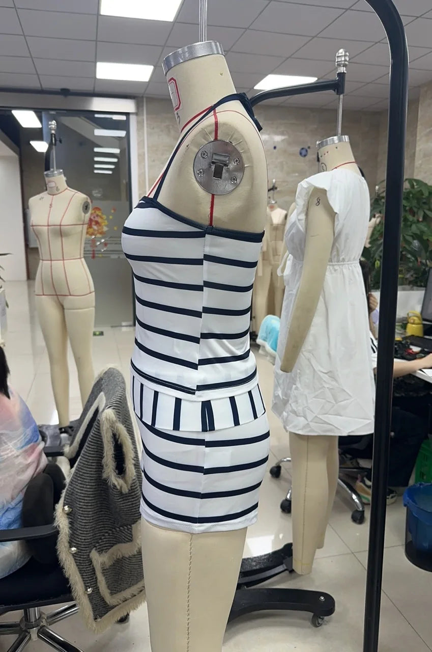 Women Y2K 2 Piece Pajamas Set Striped Print Crop Halter Neck Tops and Folded Waist Shorts for Loungewear Soft Sleepwear