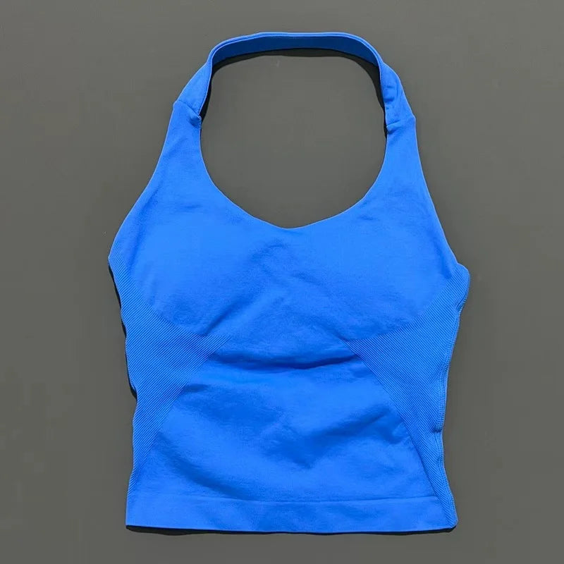 HISTELLO Impact Halter Top Women Backless Push Up Seamless High Support Bust Lift Slim Fit Gym Pilates Fitness Sports Vest