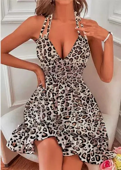 Summer New Vestidos Women Trendy Dress V Neck Sleeveless Halter Backless Sundress Ruffles Holiday Beach Dresses
