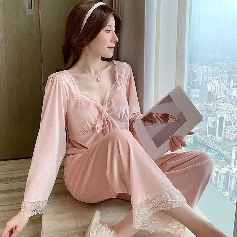 Velvet Pajama Sets Women Sweet Lace Aesthetic Chic Sleepwear Retro French Style Elegant Feminine Autumn Winter Cozy Home Pajamas