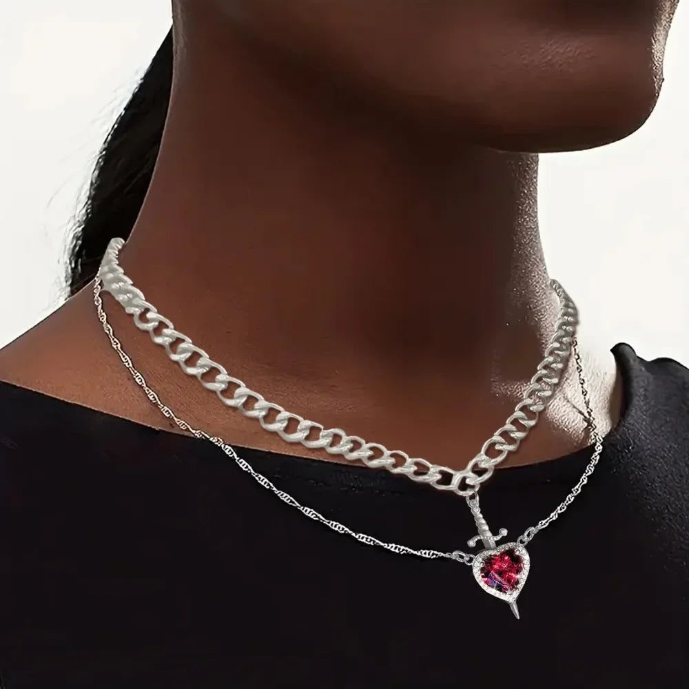 Heart and Sword Necklace Couple Necklaces Zircon Crystal Ring Bracelet Necklace Jewelry Set for Romantic Valentine's Day Gifts