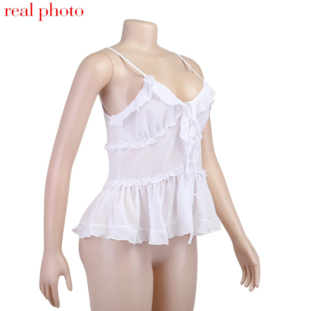 Cryptographic Summer Sleeveless Chiffon Tie Detail Cami Tops Slim Y2K Rave Festival Frill Hem Backless Sheer Sexy Cropped Tops