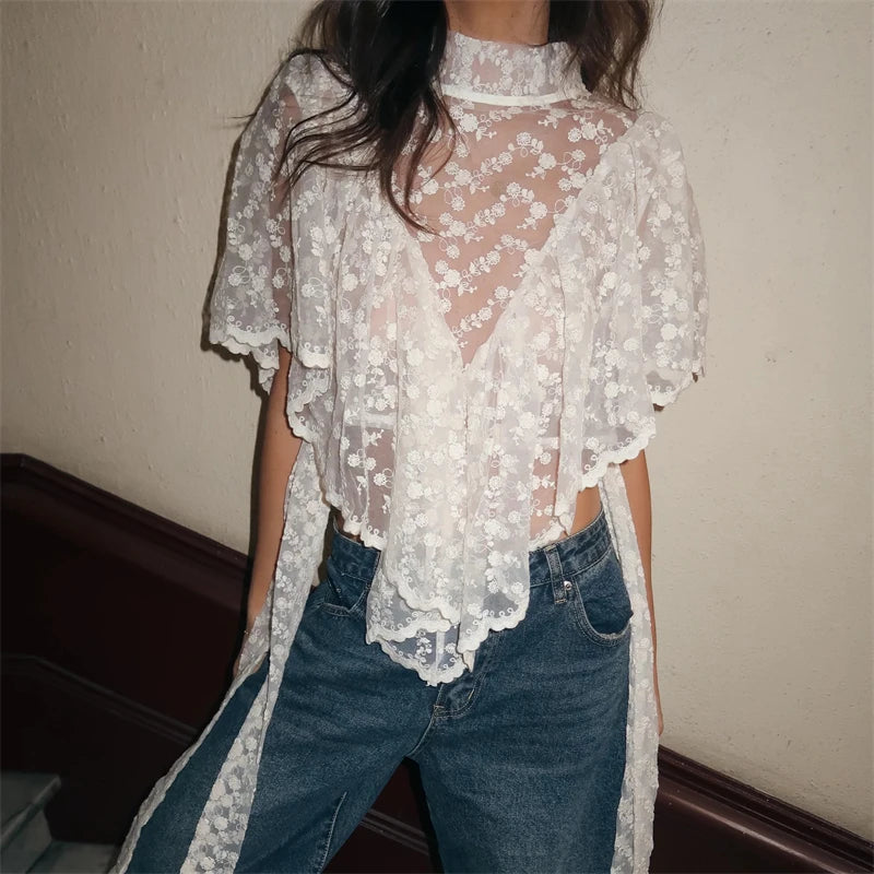 Women Y2K Fairy Mesh See Through Casual High Neck Looseshawls Floral Lace Embroidery Shawl Tops Asymmetrical Streetwear