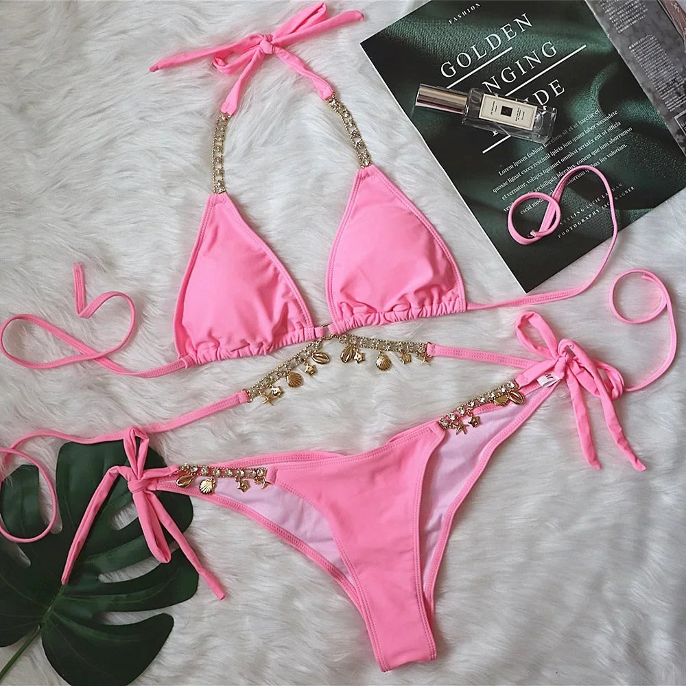 Sexy Luxury Bikini 2022 Women Crystal Rhinestones Push Up Micro Swimsuit Neon Orange Metal Chain Diamond High Cut Thong Swimwear
