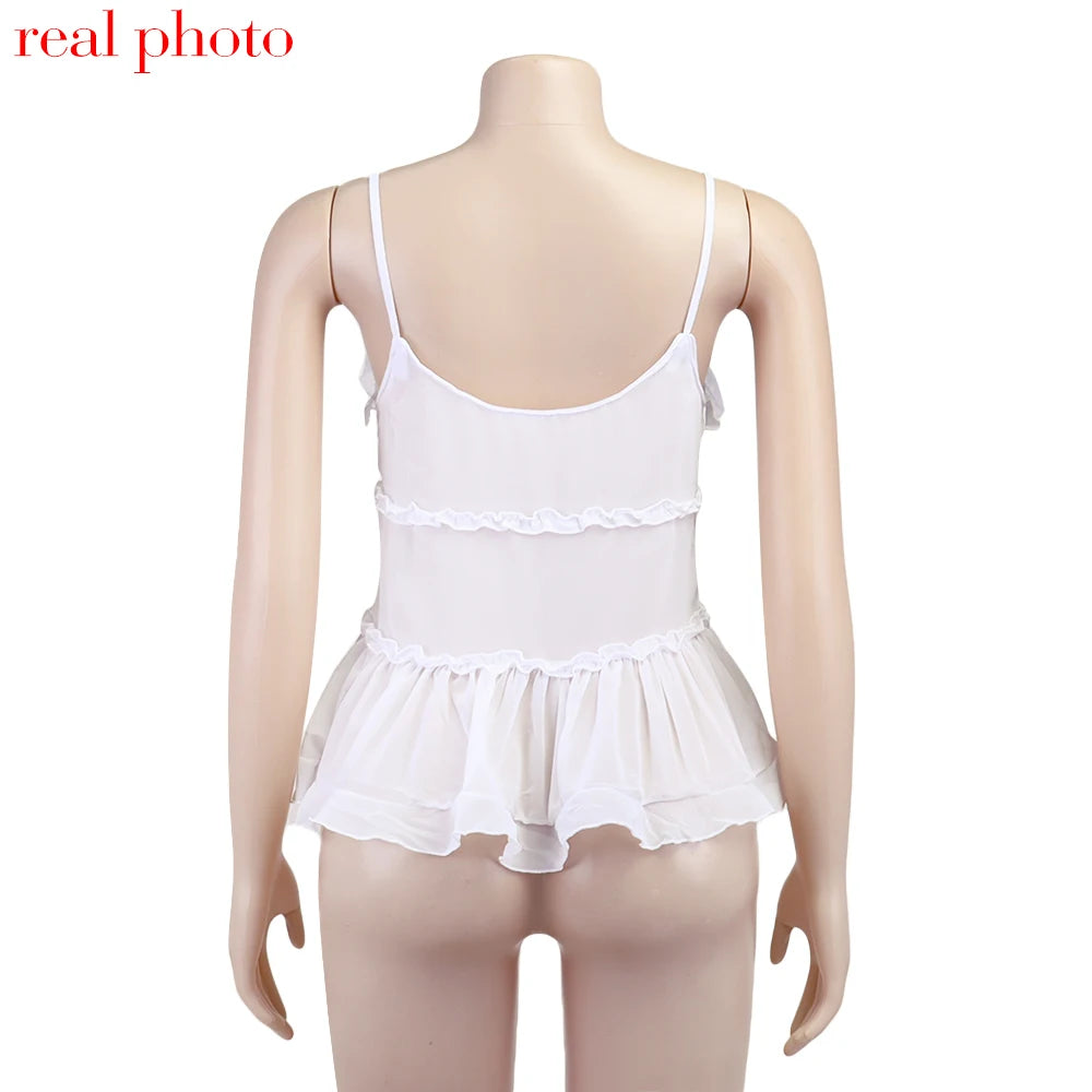 Cryptographic Summer Sleeveless Chiffon Tie Detail Cami Tops Slim Y2K Rave Festival Frill Hem Backless Sheer Sexy Cropped Tops