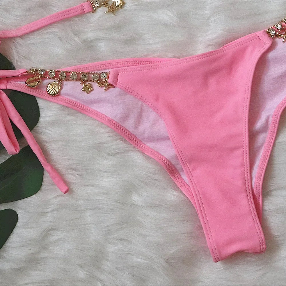 Sexy Luxury Bikini 2022 Women Crystal Rhinestones Push Up Micro Swimsuit Neon Orange Metal Chain Diamond High Cut Thong Swimwear