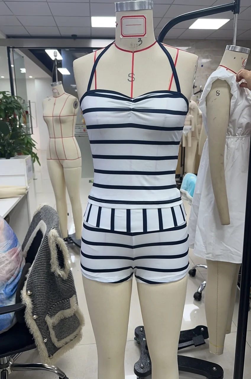 Women Y2K 2 Piece Pajamas Set Striped Print Crop Halter Neck Tops and Folded Waist Shorts for Loungewear Soft Sleepwear