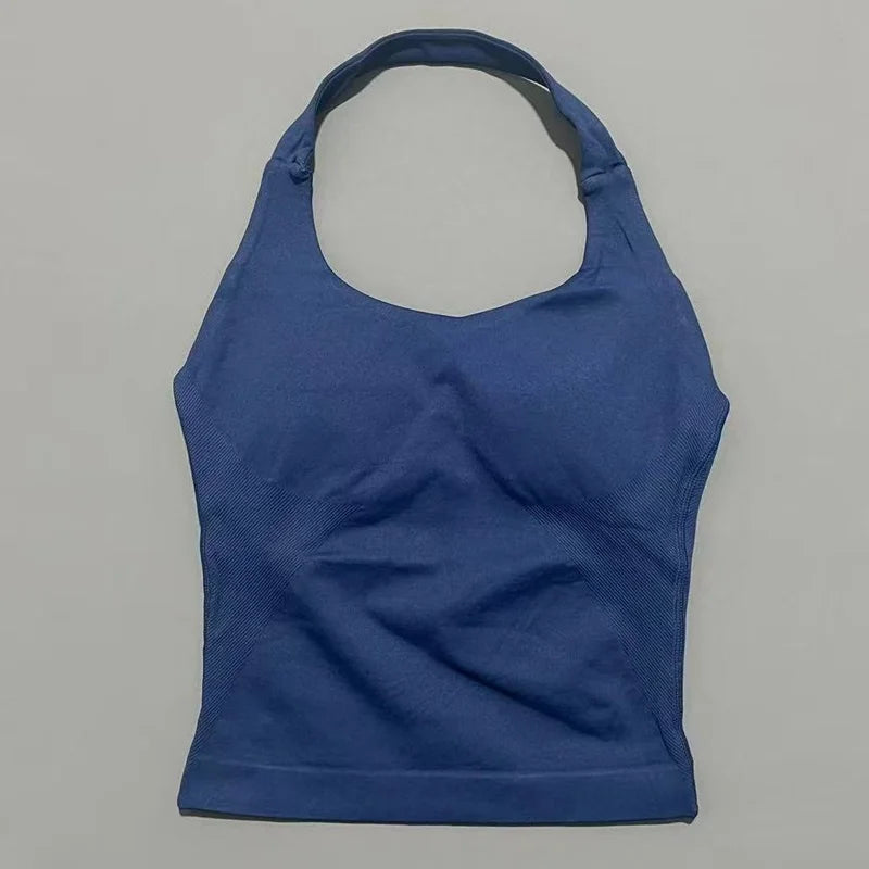 HISTELLO Impact Halter Top Women Backless Push Up Seamless High Support Bust Lift Slim Fit Gym Pilates Fitness Sports Vest