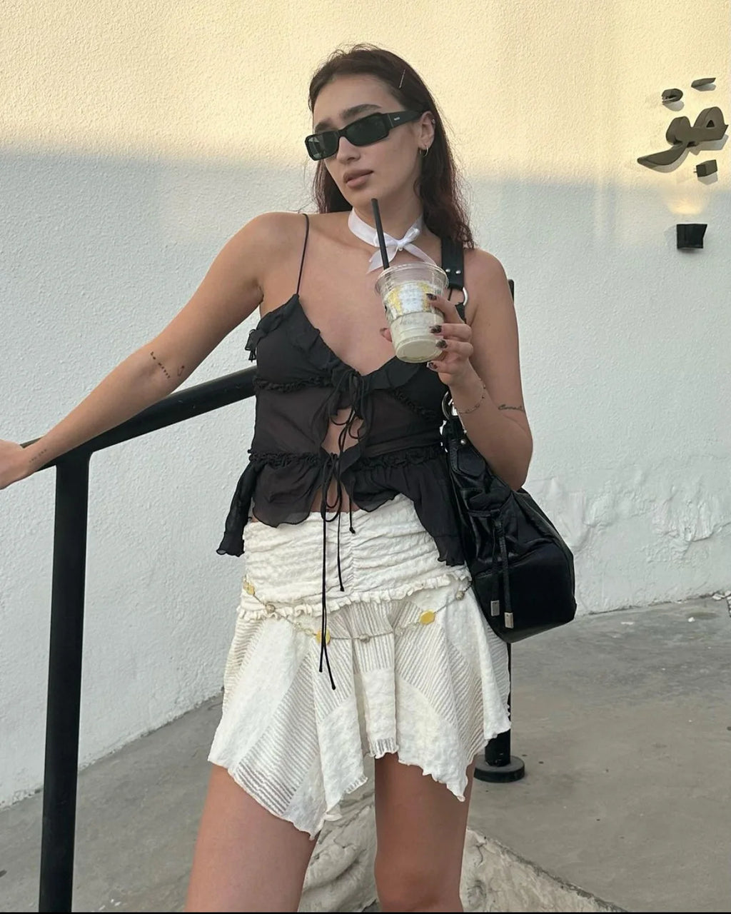 Cryptographic Summer Sleeveless Chiffon Tie Detail Cami Tops Slim Y2K Rave Festival Frill Hem Backless Sheer Sexy Cropped Tops