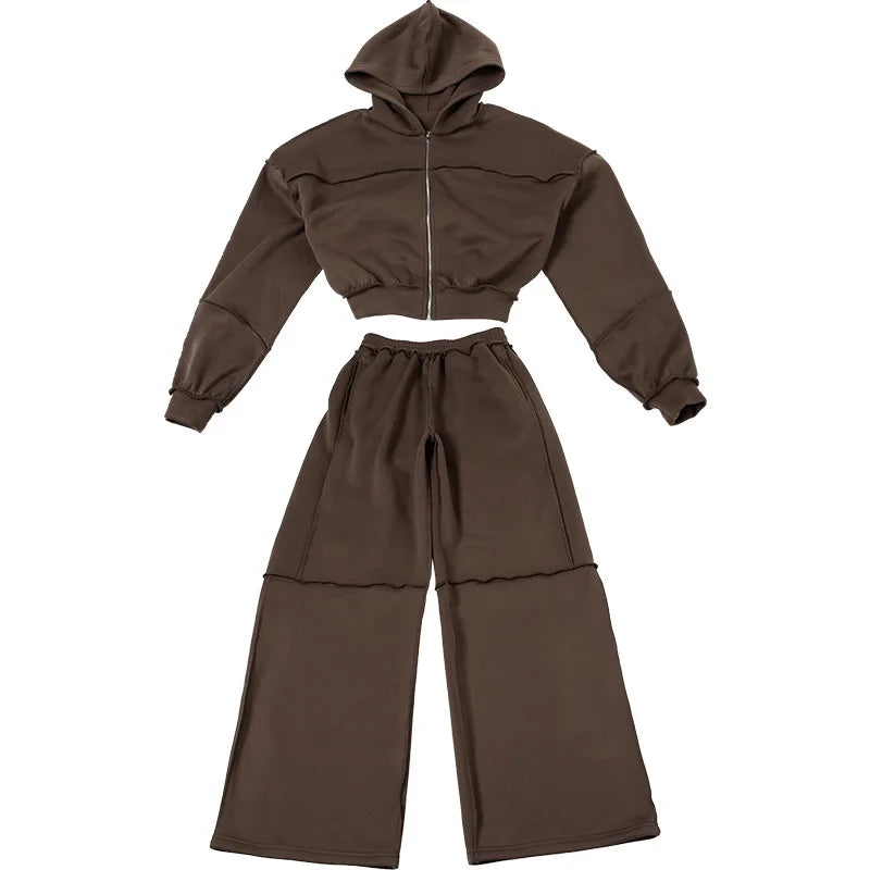 Autumn Winter Casual Hoodie Two Piece Set Women Trendy Sports Style Hooded Cardigan Wide Legs Trousers 2 Piece Sets Female New