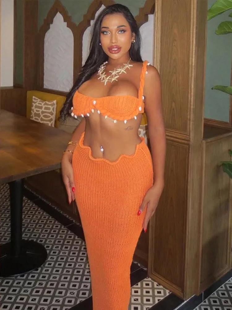 Shell Knitted Bikini Vest Halter Top Split Fishtail Skirt 2 PCS Set Crochet Beach Swimsuit Sexy Slimming Women Suspender Skirts