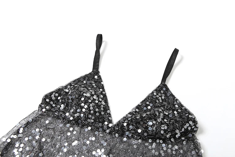 Weird Puss Sequins Patchwork Mesh Camisole Women v-Neck Sexy Backless Summer Trend Street Midnight Versatile Hottie Classic Tops