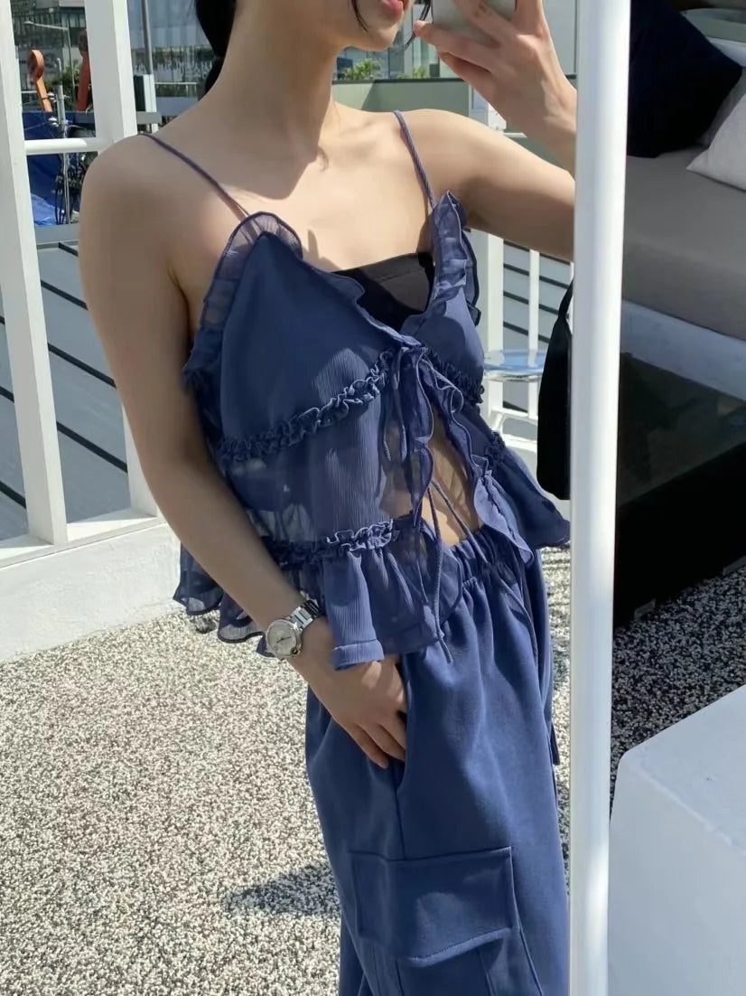 Cryptographic Summer Sleeveless Chiffon Tie Detail Cami Tops Slim Y2K Rave Festival Frill Hem Backless Sheer Sexy Cropped Tops