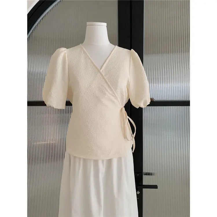 Blouses Women Summer Korean Style V-neck Design Simple Puff Sleeve Leisure Lace-up All-match Vintage Elegant Daily Trendy Tops