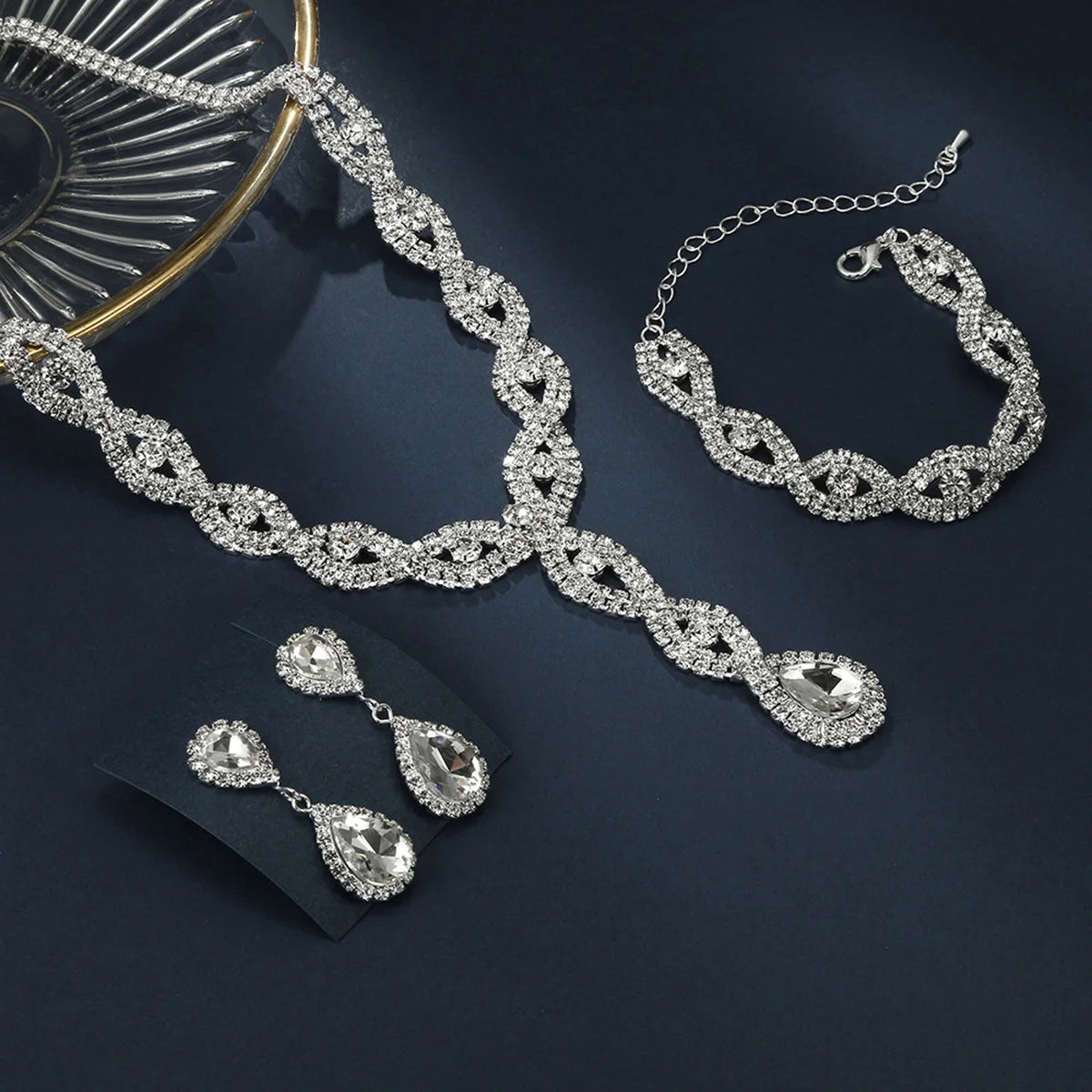 3pcs Bridal Jewelry Set Silver Plated Rhinestone Fold Clutch Bracelet Tassel Earrings Wedding Jewelry Gift Trendy Style-9253
