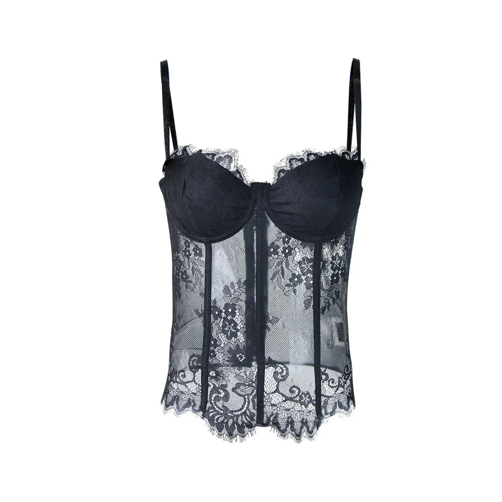 Sexy Black Lace See-through Corset Summer Fashion Streetwear Women's Crop Tank Top Ladies Halter Tops Bustier Lingerie Camisole