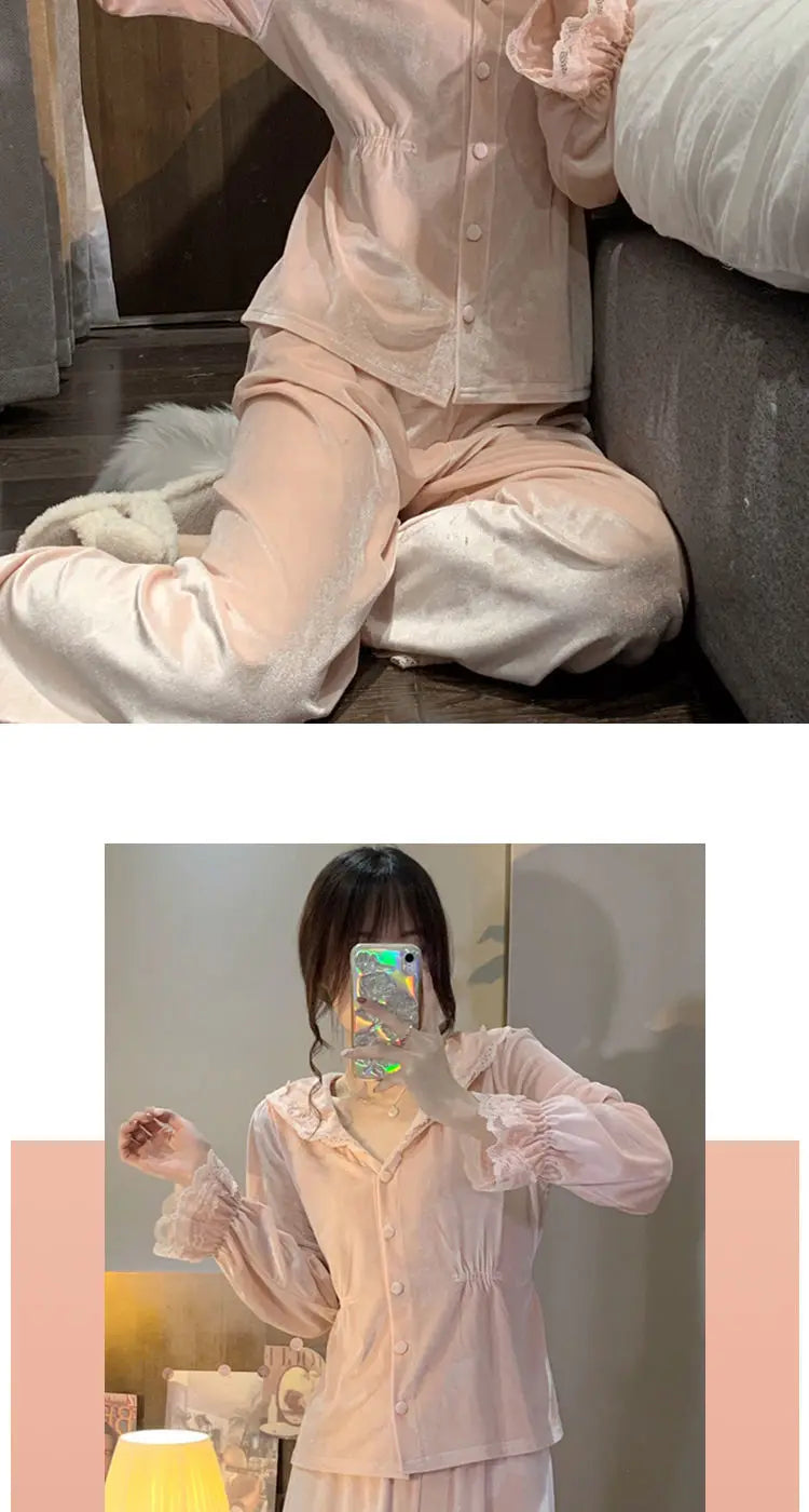 Velvet Pajama Sets Women Sweet Lace Aesthetic Chic Sleepwear Retro French Style Elegant Feminine Autumn Winter Cozy Home Pajamas