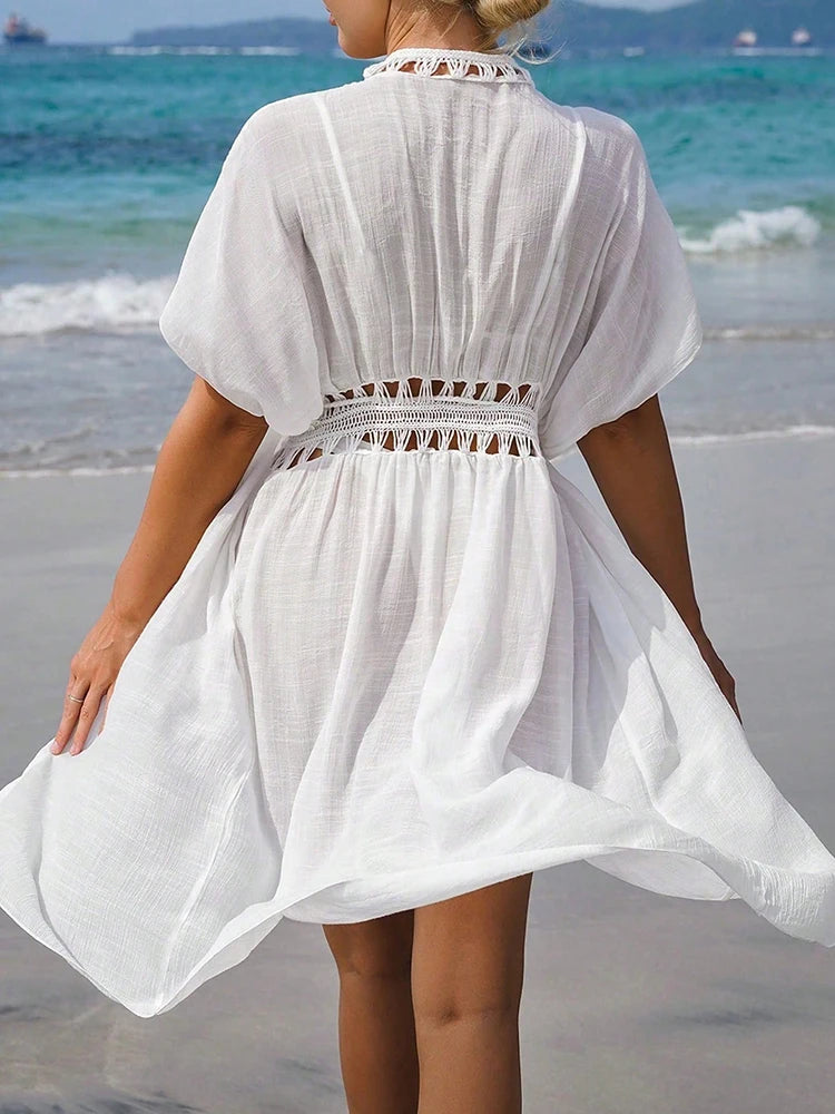 Summer Dress Crochet Patchwork Boho Beach Swimsuit Cover Up Lace-Up Long Blouse Hollow Out Open-Front Cover-Up Duster Kimono