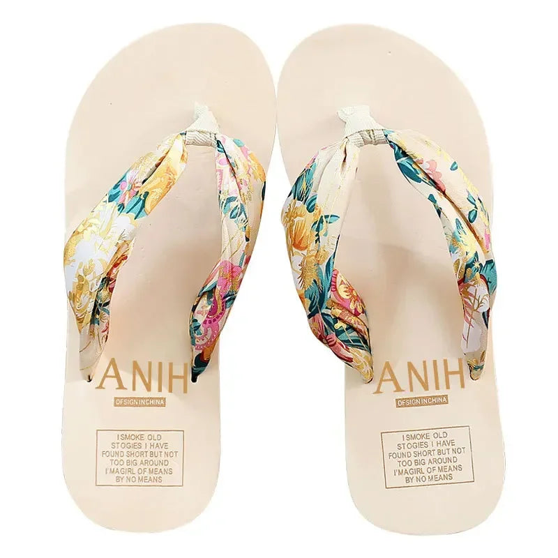 Women's Summer Fashion EVA Slipper Bohemian Satin Ribbon Female Flip Flop 2022 Bronzing Beach Simple Leisure Women Shoes