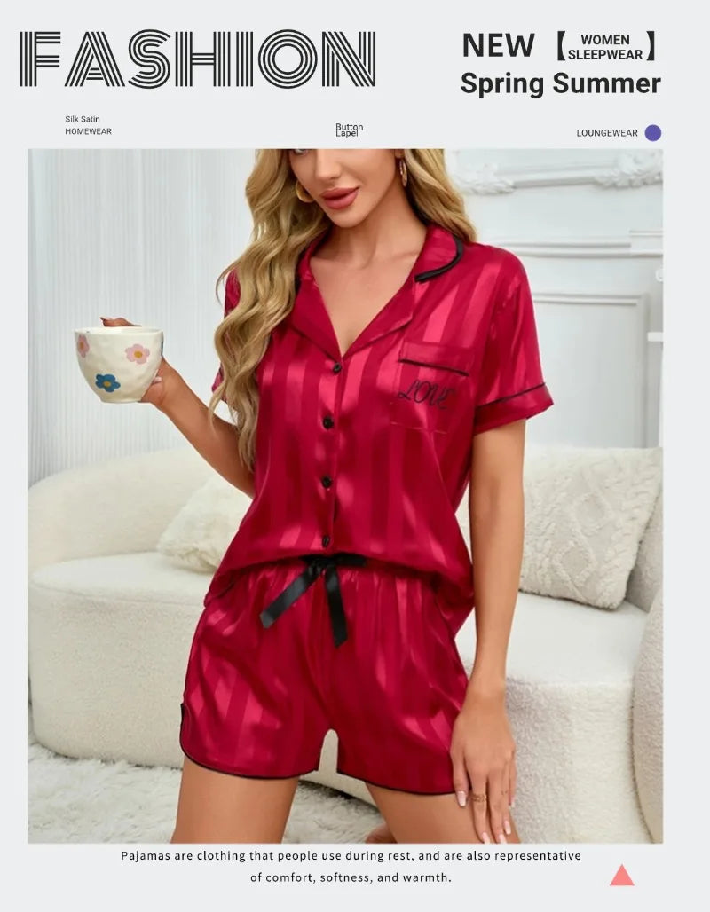 Women's Pajama Set Summer Satin Striped Short Sleeve Top With Shorts Pajamas Casual Two Piece Set Victoria Style Pajama Homewear