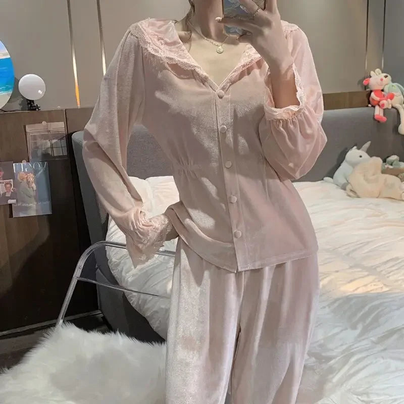 Velvet Pajama Sets Women Sweet Lace Aesthetic Chic Sleepwear Retro French Style Elegant Feminine Autumn Winter Cozy Home Pajamas