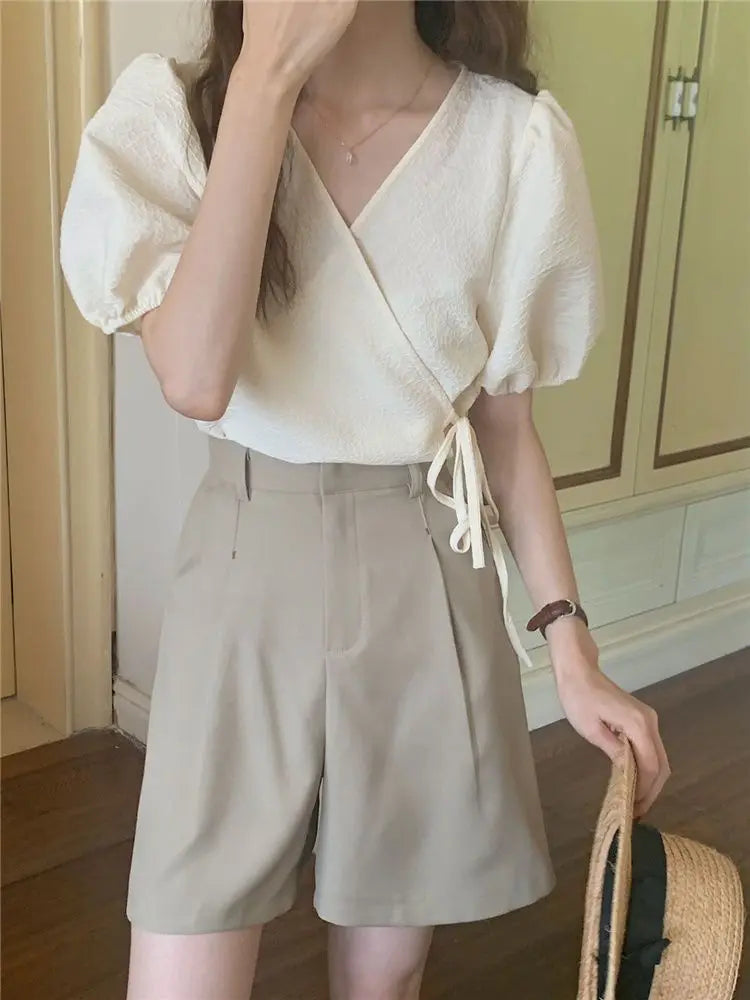 Blouses Women Summer Korean Style V-neck Design Simple Puff Sleeve Leisure Lace-up All-match Vintage Elegant Daily Trendy Tops