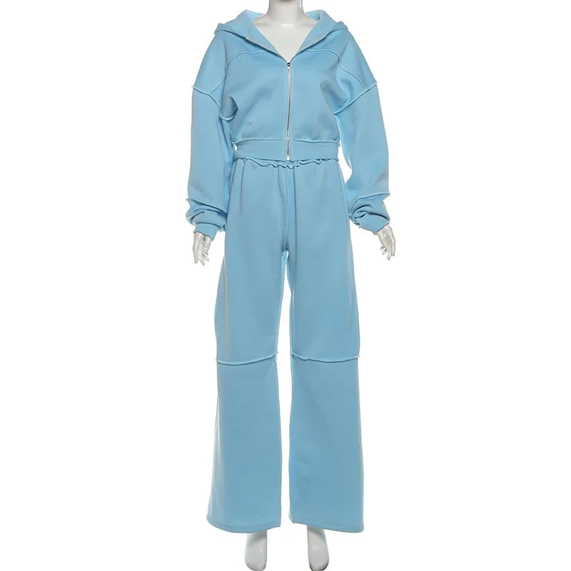 Autumn Winter Casual Hoodie Two Piece Set Women Trendy Sports Style Hooded Cardigan Wide Legs Trousers 2 Piece Sets Female New