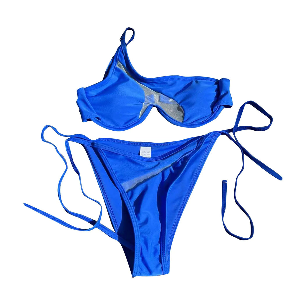 Sexy Mesh Patchwork Bikini Set Swimsuit For Women Underwire Push Up Swimwear One Shoulder Bathing Suit Seaside Bather Beachwear
