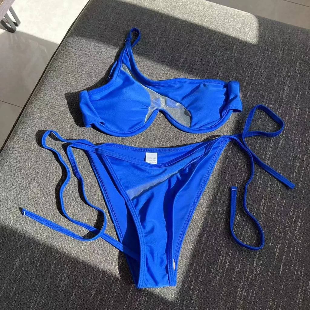 Sexy Mesh Patchwork Bikini Set Swimsuit For Women Underwire Push Up Swimwear One Shoulder Bathing Suit Seaside Bather Beachwear
