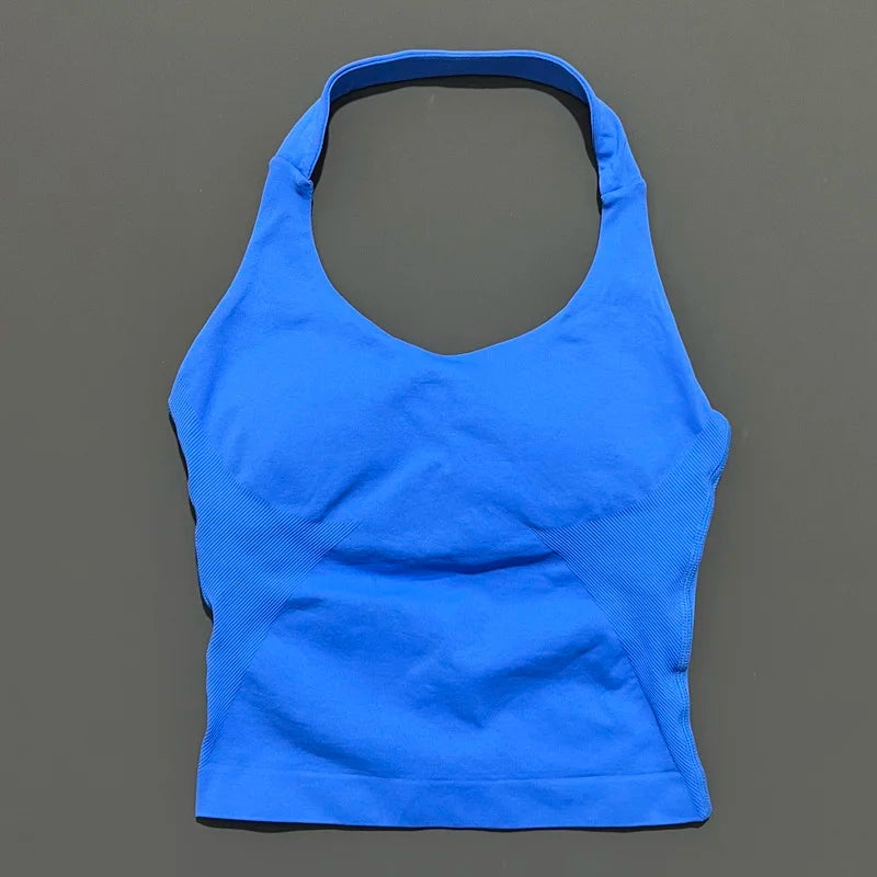 HISTELLO Impact Halter Top Women Backless Push Up Seamless High Support Bust Lift Slim Fit Gym Pilates Fitness Sports Vest