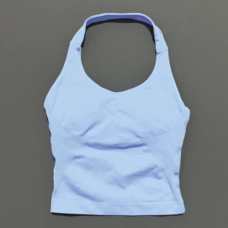 HISTELLO Impact Halter Top Women Backless Push Up Seamless High Support Bust Lift Slim Fit Gym Pilates Fitness Sports Vest