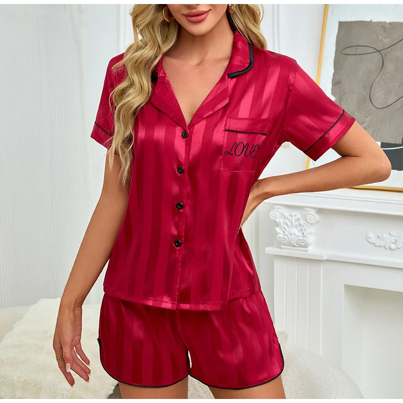 Women's Pajama Set Summer Satin Striped Short Sleeve Top With Shorts Pajamas Casual Two Piece Set Victoria Style Pajama Homewear