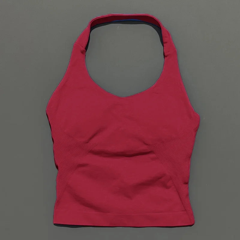 HISTELLO Impact Halter Top Women Backless Push Up Seamless High Support Bust Lift Slim Fit Gym Pilates Fitness Sports Vest