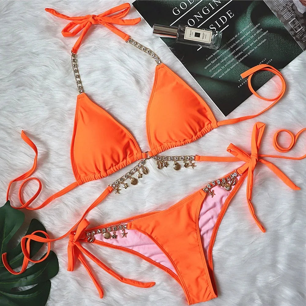 Sexy Luxury Bikini 2022 Women Crystal Rhinestones Push Up Micro Swimsuit Neon Orange Metal Chain Diamond High Cut Thong Swimwear