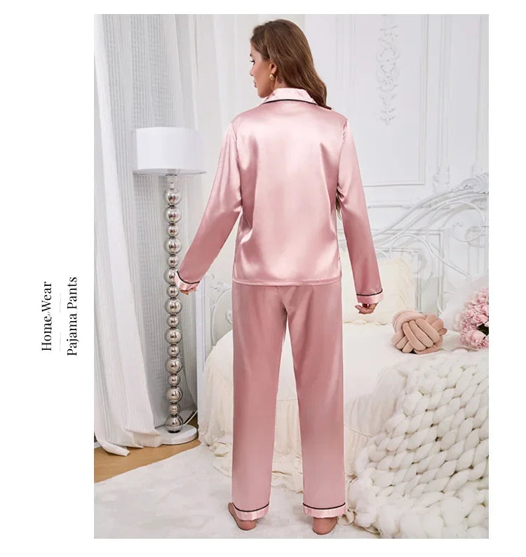 2026 New Women's Pajamas Autumn Luxurious Satin Long Sleeve Pajama Set Elegant Lapel Collar Top Long Pants Sleepwear Loungewear