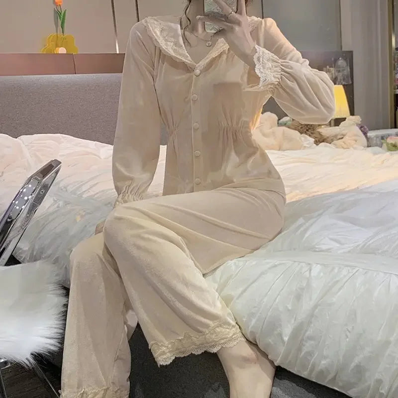 Velvet Pajama Sets Women Sweet Lace Aesthetic Chic Sleepwear Retro French Style Elegant Feminine Autumn Winter Cozy Home Pajamas