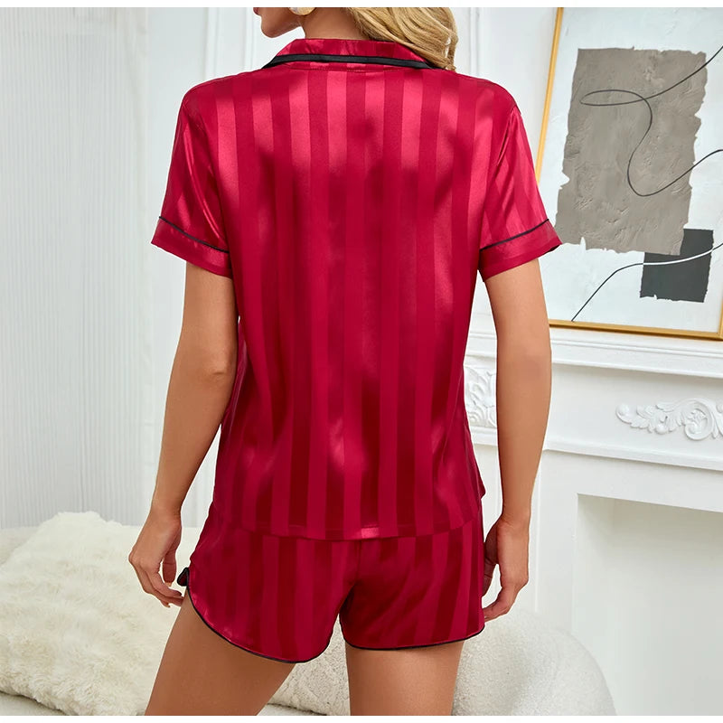 Women's Pajama Set Summer Satin Striped Short Sleeve Top With Shorts Pajamas Casual Two Piece Set Victoria Style Pajama Homewear