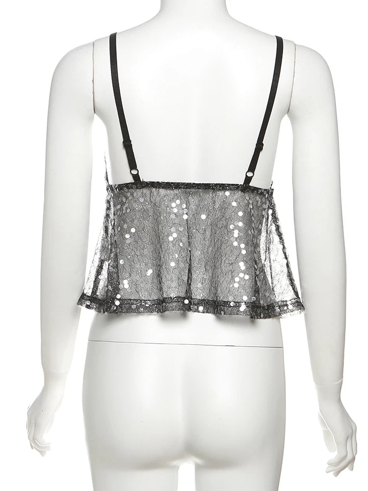 Weird Puss Sequins Patchwork Mesh Camisole Women v-Neck Sexy Backless Summer Trend Street Midnight Versatile Hottie Classic Tops