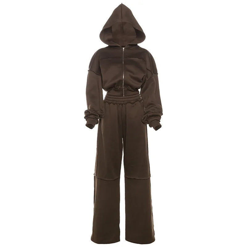 Autumn Winter Casual Hoodie Two Piece Set Women Trendy Sports Style Hooded Cardigan Wide Legs Trousers 2 Piece Sets Female New