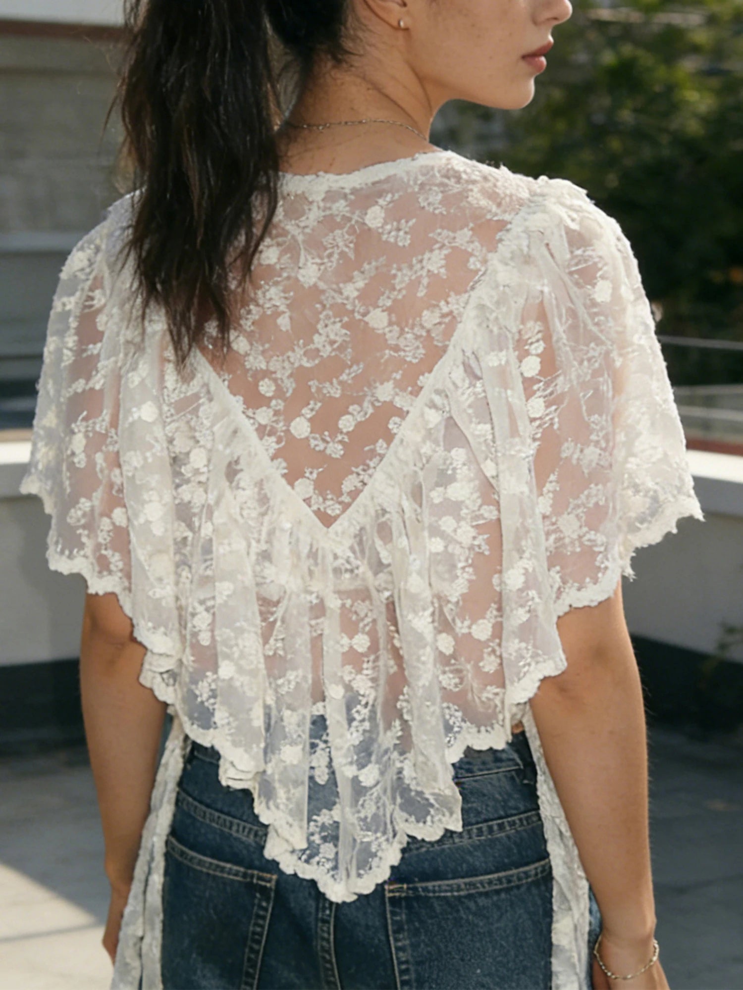 Women Y2K Fairy Mesh See Through Casual High Neck Looseshawls Floral Lace Embroidery Shawl Tops Asymmetrical Streetwear
