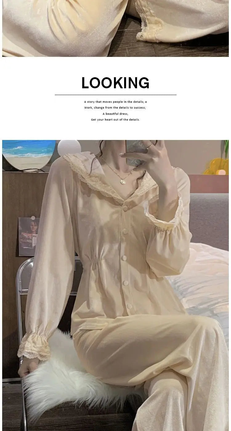 Velvet Pajama Sets Women Sweet Lace Aesthetic Chic Sleepwear Retro French Style Elegant Feminine Autumn Winter Cozy Home Pajamas