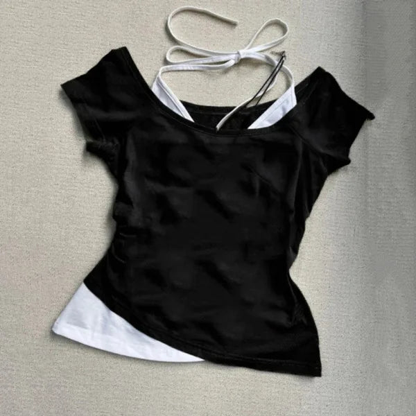 90s retro clothing women's T-shirt punk sexy short sleeved summer streetwear spicy girl gothic slim fit fake two-piece crop top