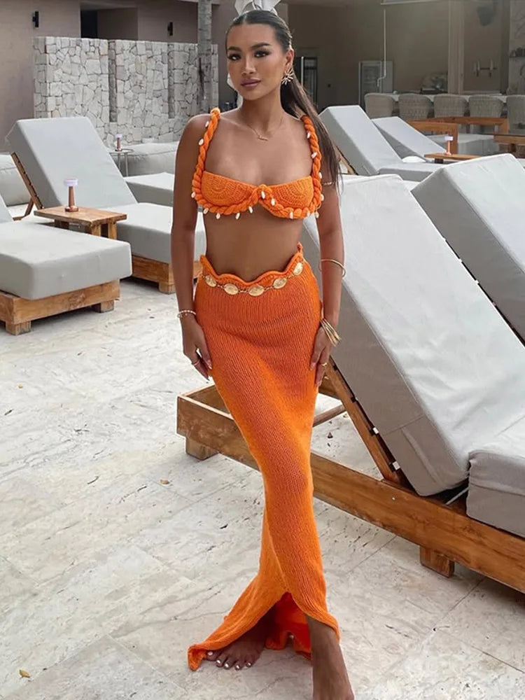 Shell Knitted Bikini Vest Halter Top Split Fishtail Skirt 2 PCS Set Crochet Beach Swimsuit Sexy Slimming Women Suspender Skirts